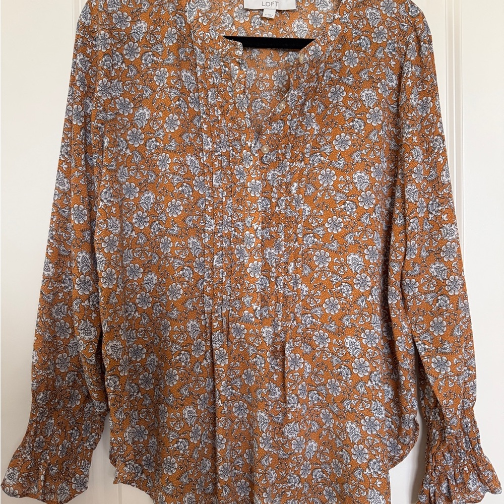 LOFT Women's Floral Blouse - Orange and White